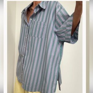 Anthropologie Women’s LILAC & GREEN STRIPE SHIRT Button Down Oversized Large